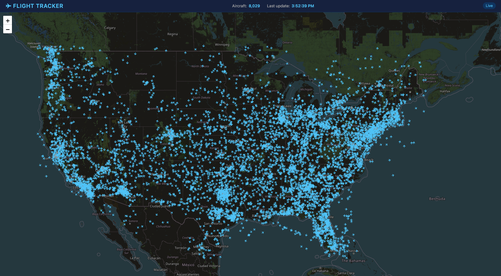 Flight Tracker map view showing thousands of aircraft as blue icons across the continental United States.